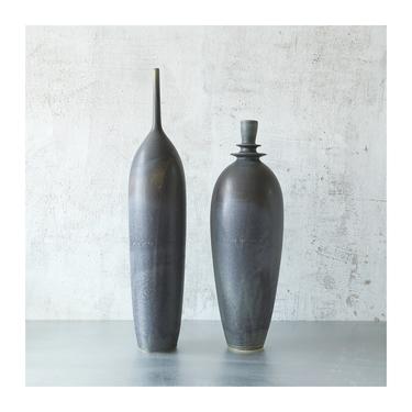SHIPS NOW- Seconds Sale- set of 2 large stoneware bottle vases in unusual graphite black/grey glaze by sara paloma pottery 