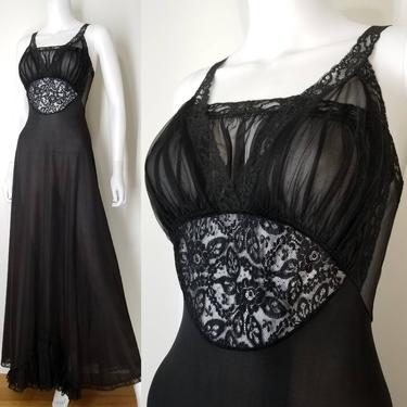 Vintage 50s Black Sheer Bust Nightgown ~ Lady Duff Lingerie ~ Chiffon &amp; Nylon Long Nightgown ~ Sz 34 Small ~ Lace Front Wide Skirt Nightgown 
