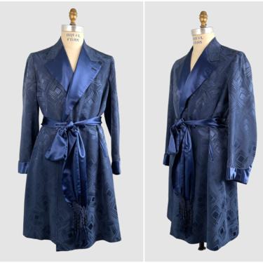 SULKA Vintage 40s Mens Belted Robe | 1940s Blue Silk Satin Jacquard Smoking Jacket | 1950s 50s Designer to Royalty Loungewear  | Mens Medium 