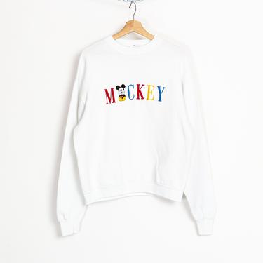 90s Mickey Mouse Embroidered Sweatshirt - Large | Vintage White Graphic Disney Cartoon Pullover 