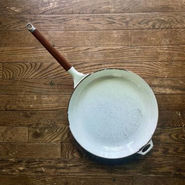 Danish White Copco Enamel + Teak Frying Pan Skillet Vintage Mid-Century 