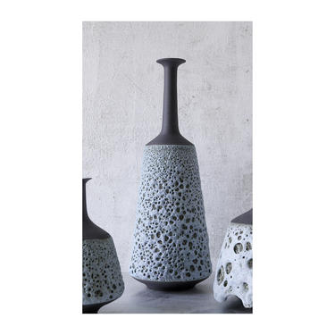 SHIPS NOW-  One large Stoneware bottle vase in raw black clay and Blue crater glaze sarapaloma 