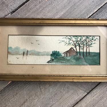 Original Framed Watercolor Painting, Lakeside Cabin, Gilt Frame, Wall Decor Artwork 