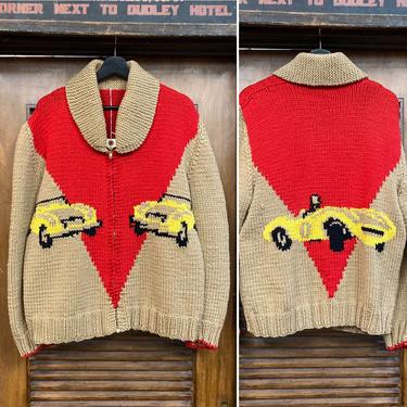 Vintage 1950’s Size L Race Car Automobile Cowichan Shawl Collar Wool Rockabilly Sweater, 50’s Knit Top, Vintage Clothing 