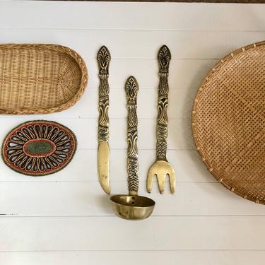 Vintage Brass Utensils Set , Fork, Ladle, Knife 