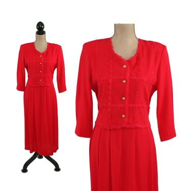90s Long Sleeve A Line Red Dress Medium, Modest Day Office, 1990s Clothes Women, Vintage Clothing from Miss Dorby Petite Size 8 