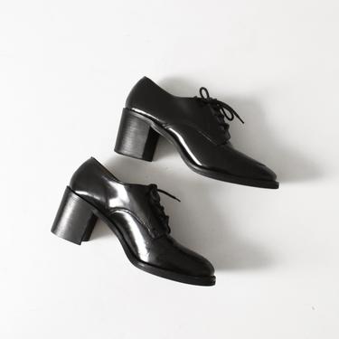 vintage black patent leather oxfords with chunky block heel, size 9 