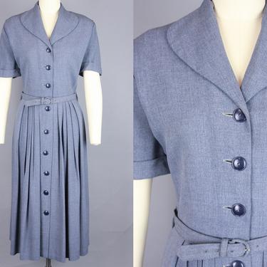 1940s Day Dress | Vintage 40s 50s Blue Grey Button Front Shirtwaist Dress with Belt | medium 