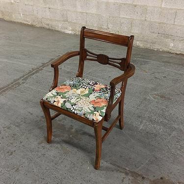LOCAL PICKUP ONLY Vintage Dining Chair Retro 1940s Dark Brown Wood Frame Carved Detail + Armrests + Bar Back + Newly Recovered Floral Print 