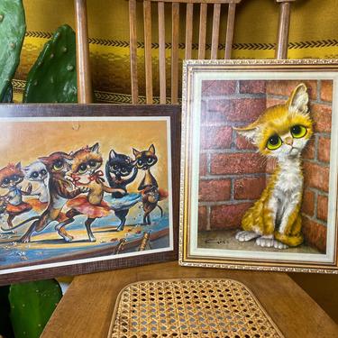 Set of 2 Big Eyed Cats Lithos on Pressed Cork Wall Plaques 