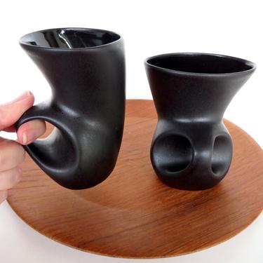 1980s Peter Saenger Matte Black Coffee Cups, Set Of 2 Modernist 8 oz Black Ceramic Tea Cups 