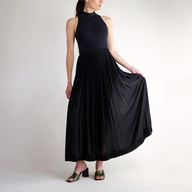 Long Black Skirt, Vintage 90s Minimal Full Length Silky Maxi Skirt, Simple Oversized Loose Fit Pleated A-Line Spring Summer Rayon Skirt, 