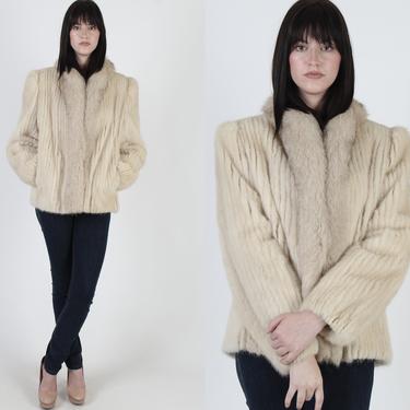 Vintage 80s Saga Blonde Mink Fur Jacket / Plush Real Arctic Fox Fur Trim Coat / Chubby Winter Apres Ski Puff Sleeve Bomber Coat 