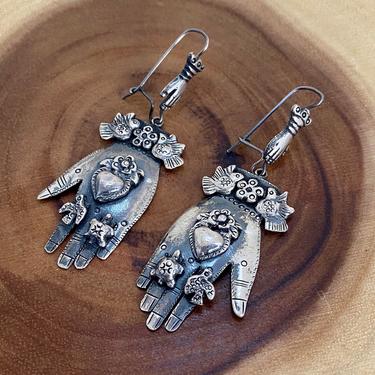 LOVING HAND Federico Jimenez Mexican Silver Earrings | Milagro Charm Figural Protective Hands | Oaxaca Mexico, Frida Kahlo Style Jewelry 