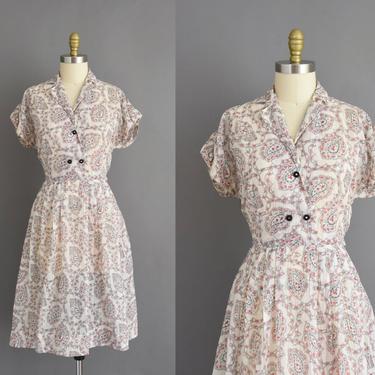 vintage 1950s dress | Claire Tiffany Red Paisley Print Short Sleeve Day Dress | Large | 50s vintage dress 