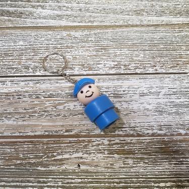 1970s Vintage Fisher Price Little People Keychain, Pilot &amp; Mailman, Plastic Body Plastic Head, Young Man Boy Key Ring Charm, 1980 Retro Toys 