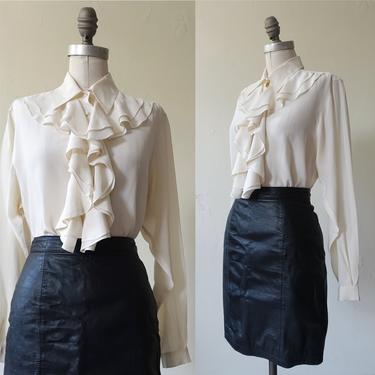 Vintage 80s Silk Oscar De La Renta Ivory Ruffle Blouse/ 1980s White Ruff Collar Top/ Size Medium 