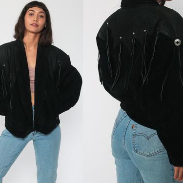 Black Suede Jacket FRINGE Jacket WILSONS 80s Boho Black Leather SOUTHWESTERN Vintage Cropped Hipster Coat Bohemian Hippie 1980s Medium 