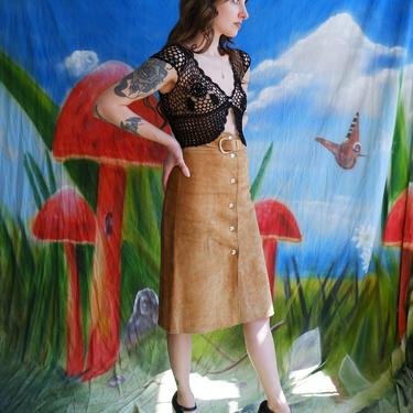 Vintage 60s Suede Snap Up Midi Skirt/ 1960s 70s High Waisted Buckle Leather Skirt/ Size XS 25 