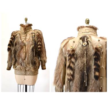 70s 80s Stunning Vintage Fur Jacket Coat Brown Fringe Raccoon Studded Leather and Fur 70s 80s Glam Coat Jacket By Jacques Saint Laurent 