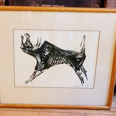 Mid century 1950s  limited edition (5/10) lino cut of modernist bull titled &quot;El Toro&quot; by Joseph Stilp. 