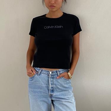 90s Calvin Klein cropped tee / vintage black cotton Calvin Klein Jeans spell out cropped t shirt tee | S M 