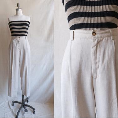 Vintage 80s Ecru Linen Trousers/ 1980s High Waisted Straight Leg Oatmeal Pants/ Size 30 
