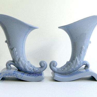 Pair of cornucopia vases Art Deco light blue stylized neoclassical classic porcelain powder blue interior design table home decor c 1930 