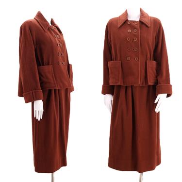 50s Peck & Peck chocolate wool skirt suit sz M-L  / early 1950s brown trapeze jacket and pencil skirt coat 