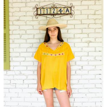 Mexican Gauze Blouse // vintage cotton boho hippie Mexican hand embroidered dress hippy tunic mini dress yellow orange // O/S 