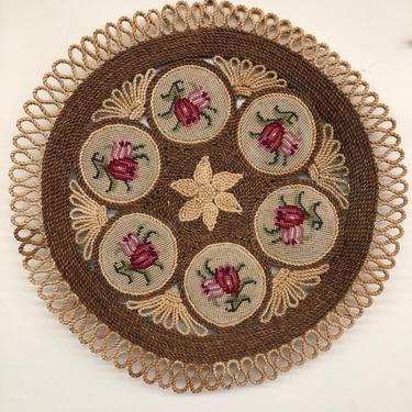 Vintage Woven Fiber and Embroidered Rose Floral Mandala Rope Cording Wicker Wall Art Hanging Table Runner Decorative Trivet Cottage Boho 