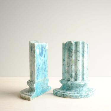 Vintage Blue Marble Bookends, Roman Column Marble Bookends, Stone Book Ends 