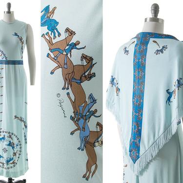 Vintage 1970s Dress & Shawl Set | 70s PAGANNE Horse Novelty Print Blue Jersey Maxi Dress Fringe Wrap (medium/large) 