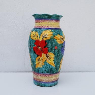 1970's Folk Art Hand Painted  Decorative Ceramic  Vase . 