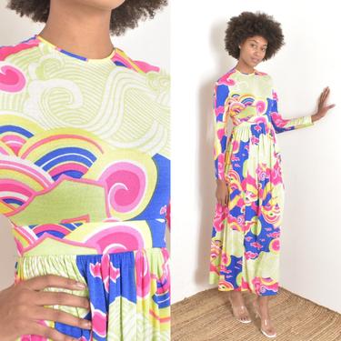Vintage 1970s Dress / 70s Psychedelic Print Jersey Maxi / Green Pink Blue ( XS extra small ) 