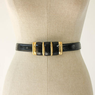 Vintage 80s Black &amp; Gold Snakeskin Leather Skinny Adjustable Belt w/ Wrapped Leather Buckle | 100% Genuine Snakeskin | 1980s Bohemian Belt 