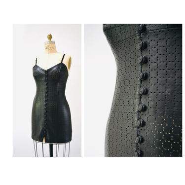 Stunning 90s 00s Y2K Black Leather Tank Dress Size Small// 90s Black Body Con Dress Sheer Perforated Dress Sample for Micheal Hoban Small 