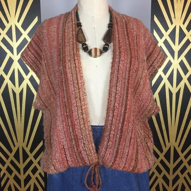 1970s cardigan, ombre knit, vintage sweater vest, nubby orange wool, drawstring waist, oversized, sleeveless, bohemian, hippie, boho style 