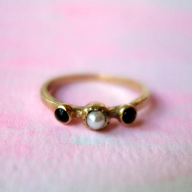 Black and White Cookie Ring- 14k Yellow Gold with pearl and black onyx 