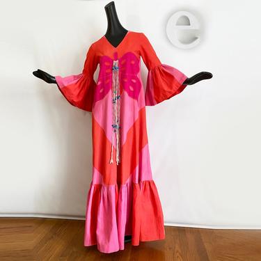 Gorgeous Vintage 70s Mexican Caftan Kaftan Maxi Dress • 1960s 1970s Hippie Boho Butterfly Angel Sleeve Ruffle + Fringe • Vercellino Designs 