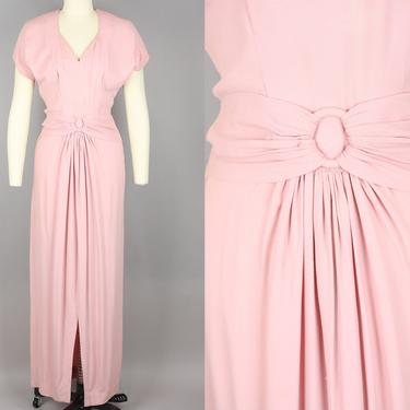 1940s Pink Gown with Draped Skirt · Vintage 40s Rayon Crepe Dress · Small 