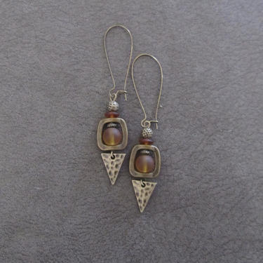 Orange sea glass earrings, boho chic earrings, tribal ethnic earrings, bold earrings, long brass earrings, unique artisan earrings, bohemian 