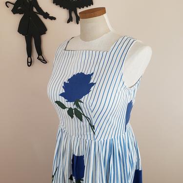 Vintage 1950's Floral Stripe Dress / 50s Blue Rose Cotton Dress L 