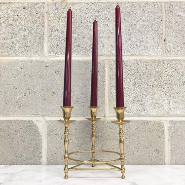 Vintage Candelabra Retro 1980s Gold Brass Metal + Holds 3 Candles + Candlestick Holder + Triangle and Circle Design + Home and Table Decor 