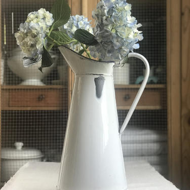 Beautiful vintage French enamelware white pitcher with blue trim 