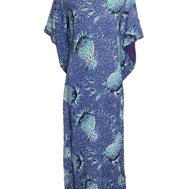 40s Hawaiian Blue Pineapple Print Rayon Pake Muu Dress