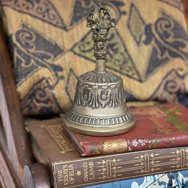 Vintage Brass Hand Bell Ornate Detailing and Carved Design Crown on Top of Handle Woman Bust Metal Decor Decorative 