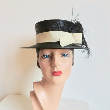 Vintage 1960's Black Fine Woven Straw Bolero Boater Style Hat Ostrich Feather Plume Ivory Ribbon Trim 50's Millinery Sally Victor 