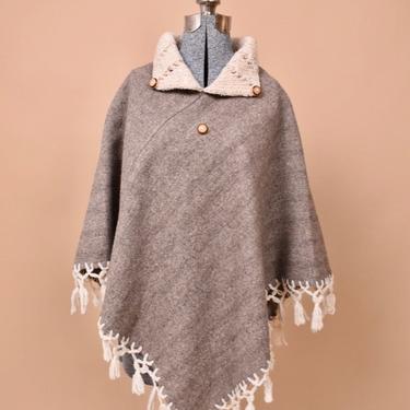 Wool Poncho Cape with Fringe and Knit Collar