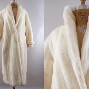 Vintage 80s White Faux Fur Long Winter Coat Glam Size 8 Medium 